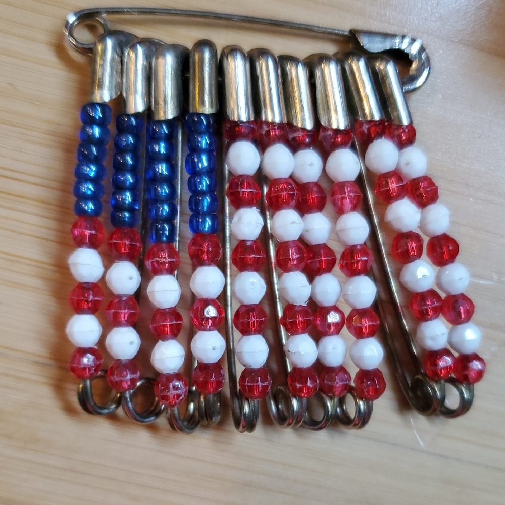 Red, White, and Blue Beaded Safety Pin Brooch